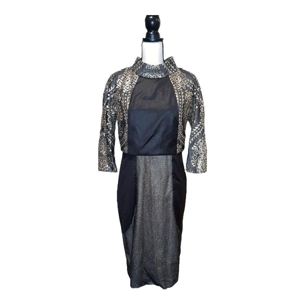 Stogova Women's Black Lace Metallic Sequin Gold Long Sleeve Dress Size 42